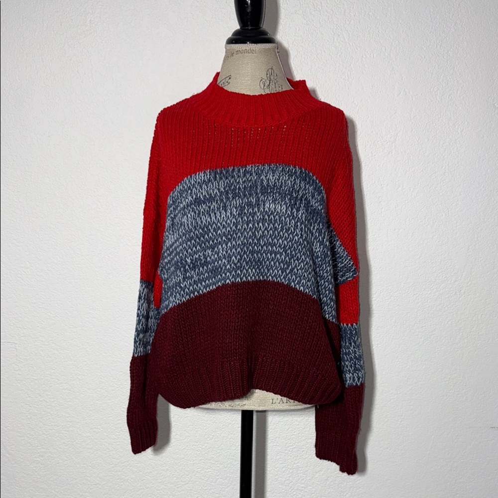 Skies Are Blue Colorblock Turtleneck Sweater - Red, Gray, Burgundy
